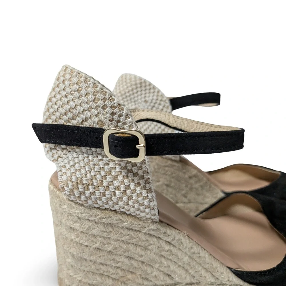 Gaimo Black Global Espadrille Wedge Suede Sandal Ankle Strap Boho Sz 40 US 9/9.5